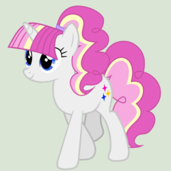 Size: 720x720 | Tagged: safe, artist:stormxf3, oc, oc only, oc:brightfull flux, pony, unicorn, 2018, animated, blue eyes, female, full body, gif, gray background, hooves, horn, loop, mare, multicolored mane, show accurate, simple background, smiling, solo, unicorn oc, walk cycle, walking