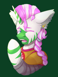 Size: 1500x2000 | Tagged: safe, artist:lazymishel, oc, oc:ahadi, hybrid, zony, fallout equestria, armor, balefire blues, bust, ear piercing, female, horn, mare, ministry of peace, piercing, shaman, solo, stripes, tired