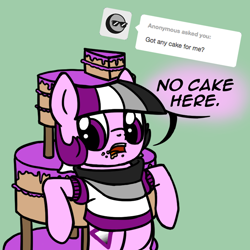 Size: 800x800 | Tagged: safe, artist:thedragenda, oc, oc:ace, earth pony, pony, ask-acepony, bipedal, cake, female, food, mare, solo