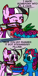Size: 800x1602 | Tagged: safe, artist:thedragenda, oc, oc:ace, oc:summer hurricane, pony, ask-acepony, bait and switch, cake, comic, eyes closed, female, food, hoof on chest, looking at something, mare, mouth hold, saw