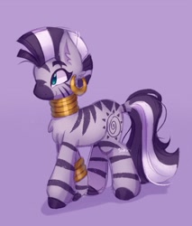 Size: 1593x1866 | Tagged: safe, artist:sidruni, zecora, zebra, g4, bracelet, chest fluff, ear piercing, earring, female, jewelry, lavender background, mare, neck rings, piercing, quadrupedal, simple background, solo