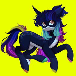 Size: 2048x2048 | Tagged: safe, artist:neonbugzz, oc, oc only, oc:arcade galaxy, pony, unicorn, :o, art, high res, looking at you, open mouth, simple background, solo, yellow background