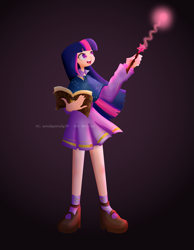 Size: 4277x5500 | Tagged: safe, artist:windywendy29, twilight sparkle, human, g4, absurd resolution, book, cape, cloak, clothes, constellation, cute, female, flats, humanized, magic, magic wand, open mouth, shirt, shoes, skirt, socks, solo, twiabetes, wand
