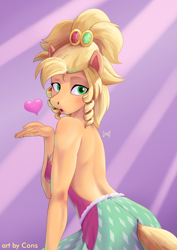 Size: 2480x3508 | Tagged: safe, artist:pwnagespartan, applejack, earth pony, anthro, g4, applejewel, backless, bare shoulders, blowing a kiss, clothes, dress, female, heart, high res, lipstick, looking back, solo