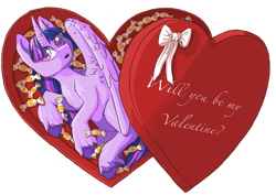 Size: 3508x2480 | Tagged: safe, artist:ardilya, twilight sparkle, alicorn, pony, g4, candies, commission, cute, digital art, heart, heart eyes, high res, holiday, simple background, solo, twilight sparkle (alicorn), valentine, valentine's day, white background, wingding eyes, ych example, your character here