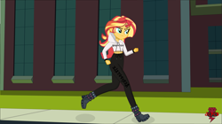Size: 2883x1619 | Tagged: safe, artist:jcpreactyt, sunset shimmer, equestria girls, g4, canterlot high, clothes, female, jogging, morning, pants, running, school, sweater