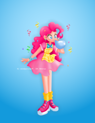 Size: 4277x5500 | Tagged: safe, artist:windywendy29, pinkie pie, human, g4, absurd resolution, apron, balloon, blowing up balloons, blue background, bow, bowtie, bracelet, clothes, confetti, cute, diapinkes, ear piercing, earring, female, humanized, jewelry, piercing, shirt, shoes, simple background, skirt, sneakers, socks, solo, t-shirt, wristband