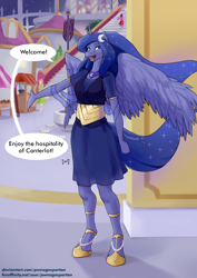 Size: 2480x3508 | Tagged: safe, artist:pwnagespartan, princess luna, alicorn, anthro, unguligrade anthro, g4, breasts, busty princess luna, canterlot, clothes, dialogue, digital art, dress, female, high res, horn, open mouth, solo, speech bubble, spread wings, tail, talking, text, thighs, wings