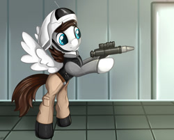 Size: 1280x1028 | Tagged: safe, artist:appleneedle, oc, oc:viper, pegasus, pony, clothes, commission, gun, rebel trooper, science fiction, ship, star wars, uniform, weapon