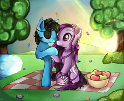 Size: 1280x1048 | Tagged: safe, artist:appleneedle, oc, bat pony, butterfly, pegasus, pony, apple, flower, food, holiday, love, nature, park, picnic blanket, pond, romance, tree, valentine, valentine's day, water