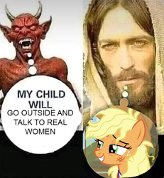 Size: 680x736 | Tagged: safe, applejack, earth pony, human, pony, g4, female, jesus christ, male, mare, meme, satan, speech bubble