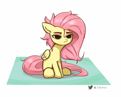 Size: 1000x798 | Tagged: safe, artist:inkypuso, fluttershy, pegasus, pony, g4, bags under eyes, female, folded wings, hooves, lidded eyes, mare, messy mane, no catchlights, signature, simple background, sitting, solo, white background, wings