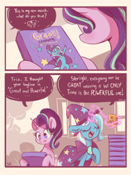 Size: 1800x2400 | Tagged: safe, artist:scribble-potato, starlight glimmer, trixie, pony, unicorn, g4, 2 panel comic, brooch, cape, clothes, comic, dialogue, eyes closed, februpony, female, hat, jewelry, mare, open mouth, speech bubble, trixie's brooch, trixie's cape, trixie's hat