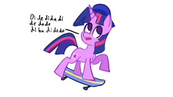 Size: 3840x2160 | Tagged: safe, artist:llamalauncher, twilight sparkle, pony, unicorn, g4, chest fluff, female, hamster dance, high res, simple background, skateboard, solo, unicorn twilight, white background