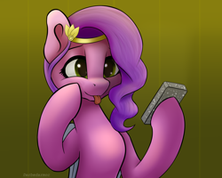 Size: 2560x2048 | Tagged: safe, artist:darbedarmoc, pipp petals, pegasus, pony, g5, my little pony: a new generation, :p, bust, cellphone, crystal, female, high res, hoof hold, hoof on cheek, mare, phone, signature, smartphone, solo, tongue out