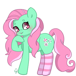 Size: 800x800 | Tagged: safe, artist:twilightmew16, minty, earth pony, pony, g3, blushing, clothes, female, full body, hooves, shading, signature, simple background, socks, solo, standing, striped socks, tail, transparent background, two toned mane, two toned tail