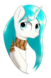 Size: 1920x2910 | Tagged: safe, artist:3naa, oc, oc only, pony, unicorn, bust, clothes, female, horn, scarf, simple background, solo, unicorn oc, white background