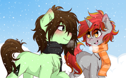 Size: 1659x1029 | Tagged: safe, artist:tokyone-chan, oc, oc only, oc:feuer, earth pony, pony, unicorn, blushing, chest fluff, clothes, duo, earth pony oc, female, horn, male, oc x oc, scarf, shipping, snow, unicorn oc