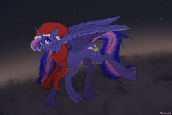 Size: 3500x2347 | Tagged: safe, artist:rover, artist:rrrover, oc, alicorn, pony, christmas, cloud, dark, hat, high res, holiday, night, santa hat, sky, solo