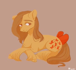 Size: 1285x1200 | Tagged: safe, artist:rover, artist:rrrover, butterscotch (g1), earth pony, pony, g1, brown background, looking at you, lying down, prone, signature, simple background, smiling, smiling at you, solo, vintage