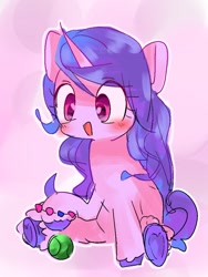 Size: 768x1024 | Tagged: safe, artist:pnpn_721, izzy moonbow, pony, unicorn, g5, my little pony: a new generation, abstract background, ball, blushing, bracelet, cute, female, happy, izzy's tennis ball, izzybetes, jewelry, looking at something, mare, open mouth, open smile, smiling, solo, tennis ball