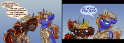Size: 5000x1750 | Tagged: safe, artist:witchtaunter, oc, oc only, oc:axtus, bat pony, pony, unicorn, angry, bat pony oc, bat wings, bonk, camouflage, chest fluff, clothes, comic, commission, confused, derp, ear fluff, faic, female, flirting, hat, horny jail, magic, male, military uniform, nightstick, no horny, speech bubble, telekinesis, uniform, wings