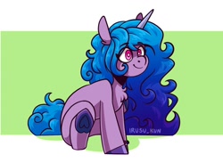 Size: 1472x1080 | Tagged: safe, artist:lrusu, izzy moonbow, pony, unicorn, g5, my little pony: a new generation, abstract background, chest fluff, eye clipping through hair, eyebrows, eyebrows visible through hair, female, heart, hoof heart, hooves, horn, long mane, mare, signature, sitting, smiling, solo, underhoof