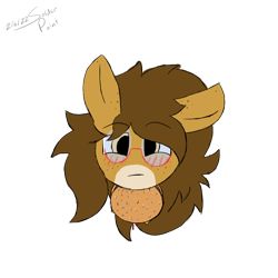 Size: 1500x1500 | Tagged: safe, artist:solder point, oc, oc only, oc:pencil test, earth pony, pony, blushing, burger, bust, colored, cute, digital art, earth pony oc, eating, floppy ears, fluffy mane, food, freckles, glasses, happy, signature, simple background, solo, transparent background