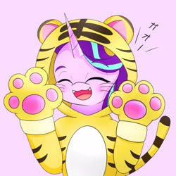 Size: 2048x2048 | Tagged: safe, artist:zeon_starlight, starlight glimmer, pony, unicorn, g4, animal costume, clothes, costume, cute, eyes closed, female, glimmerbetes, high res, japanese, kigurumi, mare, open mouth, open smile, paw gloves, paw pads, paws, smiling, solo, tail, whiskers, year of the tiger