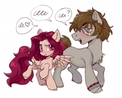 Size: 2280x1832 | Tagged: safe, artist:lunnita_pony, oc, oc only, oc:crimm harmony, oc:stitched laces, earth pony, pegasus, pony, blushing, chest fluff, freckles, glasses, simple background, speech bubble, stimony, white background