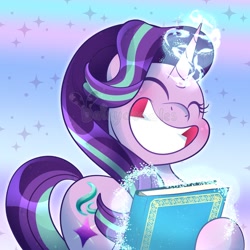 Size: 1200x1200 | Tagged: safe, artist:daisydewdles, starlight glimmer, pony, unicorn, g4, memnagerie, my little pony: friendship is forever, ^^, big grin, book, cute, eyes closed, female, glimmerbetes, glowing, glowing horn, grin, happy, horn, magic, magic aura, mare, scene interpretation, smiling, solo, sparkles, telekinesis, watermark, wide smile
