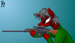Size: 3500x2000 | Tagged: safe, artist:kirov, oc, pony, unicorn, angry, blue background, gray eyes, green coat, grey hair, gun, high res, red fur, simple background, solo, weapon, wolfenstein
