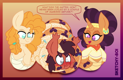 Size: 4600x3000 | Tagged: safe, artist:snakeythingy, pear butter, saffron masala, oc, oc:sketchy dupe, lamia, original species, snake, snake pony, g4, blushing, coiling, coils, dominant, female, femdom, gradient background, high res, lamiafied, species swap