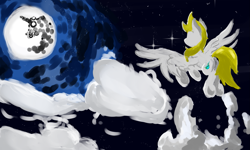 Size: 1667x1000 | Tagged: safe, artist:igorbanette, oc, oc:thorn darkness, pegasus, pony, cloud, mare in the moon, moon, night, not derpy, solo, stars