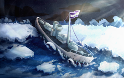 Size: 3000x1900 | Tagged: safe, artist:lazymishel, fallout equestria, artillery, balefire blues, flag, gun, hearts of iron 4, ice, navy, no pony, ocean, ship, warship, water, weapon