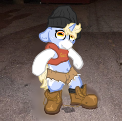 Size: 1116x1110 | Tagged: safe, artist:nootaz, oc, oc:gremlin noot, pony, unicorn, beanie, bipedal, boots, clothes, hat, irl, pants, photo, shoes