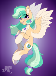 Size: 1509x2036 | Tagged: safe, artist:shinizavr, oc, oc only, oc:summer ray, pegasus, pony, eye clipping through hair, flying, hair over one eye, looking at you, smiling, solo, spread wings, wings