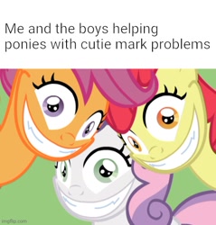 Size: 500x523 | Tagged: artist needed, safe, apple bloom, scootaloo, sweetie belle, g4, cheshire grin, cheshire smile, creepy, creepy smile, cutie mark crusaders, me and the boys, meme, nightmare fuel, smiling