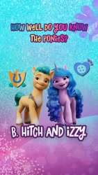 Size: 750x1334 | Tagged: safe, hitch trailblazer, izzy moonbow, earth pony, pony, unicorn, g5, my little pony: a new generation, official, 2d, 3d, confident, cutie mark, dreamworks face, instagram, instagram story, looking at you, quiz, smiling, smiling at you, smug, stock render