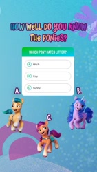 Size: 750x1334 | Tagged: safe, hitch trailblazer, izzy moonbow, sunny starscout, earth pony, pony, unicorn, g5, my little pony: a new generation, official, 2d, 3d, instagram, instagram story, looking back, prancing, question, quiz, raised hoof, simple background, smiling, stock render