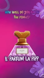 Size: 750x1334 | Tagged: safe, g5, my little pony: a new generation, official, 2d, 3d, instagram, instagram story, la pipp zephyr, parfum la pipp, perfume, purple background, quiz, simple background, social media