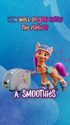 Size: 750x1334 | Tagged: safe, sunny starscout, earth pony, pony, g5, my little pony: a new generation, official, blue background, cart, instagram, instagram story, looking at you, multicolored hair, quiz, roller skates, simple background, smiling, smiling at you, smoothie, social media