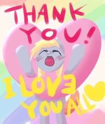 Size: 1728x2048 | Tagged: safe, artist:_grouch_, derpy hooves, pegasus, pony, g4, blushing, female, heart, i love you, mare, rainbow background, solo, thank you