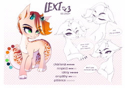 Size: 2842x2000 | Tagged: safe, artist:shavurrr, oc, oc only, oc:lexi, advertising, chest fluff, colored ears, commission, ear fluff, female, hair over one eye, high res, horns, leg fluff, mare, markings, pale belly, paws, reference sheet, simple background, your character here