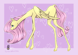 Size: 2039x1446 | Tagged: safe, artist:natt333, fluttershy, pegasus, pony, g4, abstract background, digital art, female, folded wings, hooves, lanky, long legs, long neck, mare, skinny, solo, tall, tallershy, thin, thin legs, wings