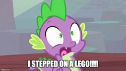 Size: 800x450 | Tagged: safe, edit, edited screencap, screencap, spike, dragon, g4, season 9, sweet and smoky, caption, image macro, imgflip, lego, male, meme, ouch, solo, stepping on a lego, text, winged spike, wings