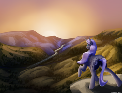 Size: 3250x2500 | Tagged: safe, artist:vezja, princess luna, alicorn, pony, g4, female, forest, high res, hill, mare, mountain, raised hoof, river, rock, scenery, scenery porn, sky, solo, sunset, tail, tree, water, wings