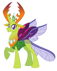 Size: 1600x1983 | Tagged: safe, artist:aleximusprime, thorax, changedling, changeling, flurry heart's story, g4, crown, future, height difference, jewelry, king thorax, looking at you, male, older, older thorax, pony eyes, raised hoof, regalia, simple background, smiling, solo, spread wings, transparent background, wings