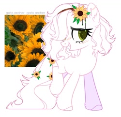 Size: 1314x1274 | Tagged: safe, artist:kimio666, oc, oc only, earth pony, pony, ear fluff, eyelashes, female, flower, grin, mare, raised hoof, simple background, smiling, solo, sunflower, white background