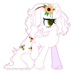 Size: 1314x1274 | Tagged: safe, alternate version, artist:kimio666, oc, oc only, earth pony, pony, background removed, ear fluff, earth pony oc, female, flower, flower in hair, grin, mare, simple background, smiling, solo, sunflower, white background